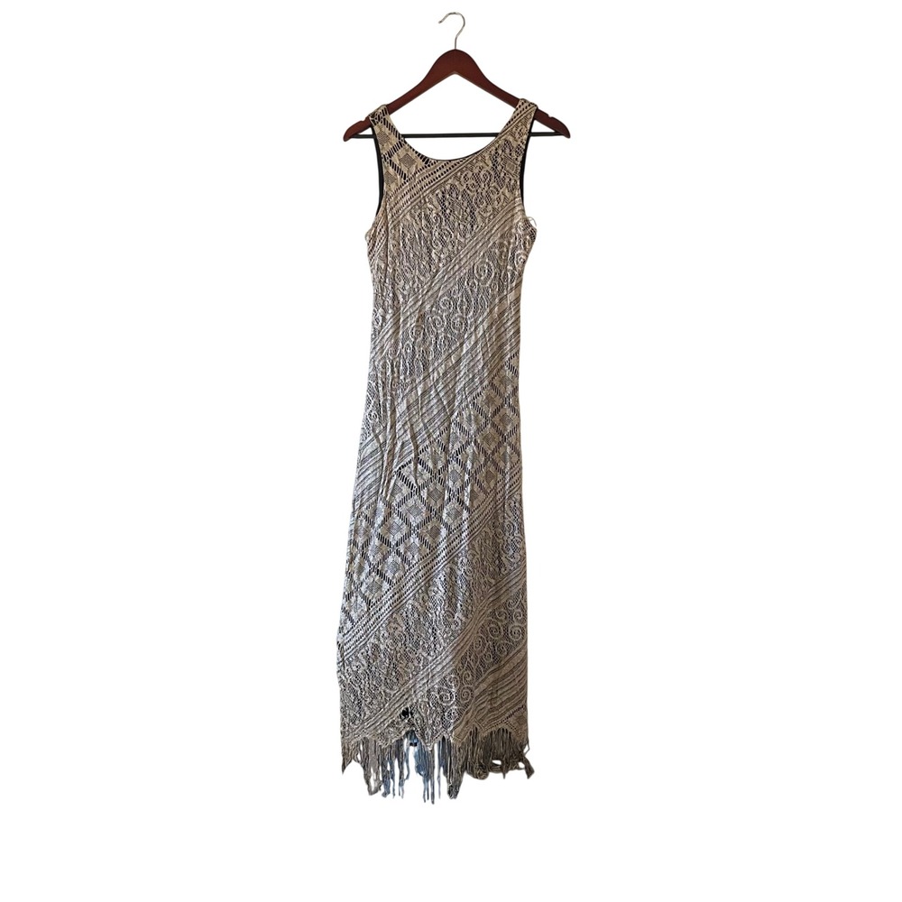 Vintage 90s‎ Harlow Black Gold Metallic Crochet Fringe Maxi Dress Size small
